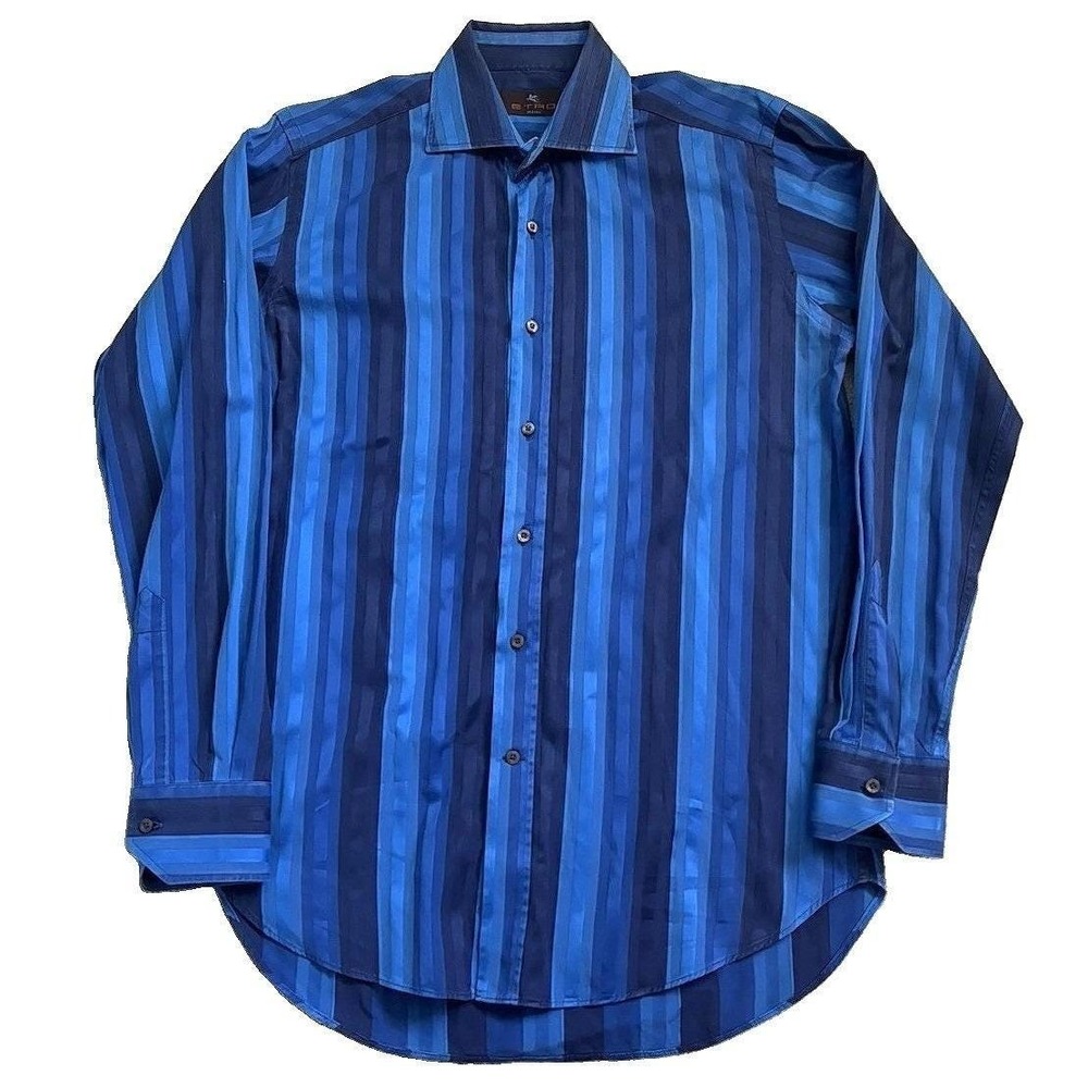 Etro Y2K  Tonal Blue Striped Dress Shirt Men S/M 38 100% Cotton Made in Italy